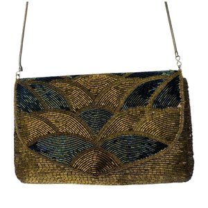 La Regale LTD Gold & Green Bugle Beaded Shoulder Bag Clutch
